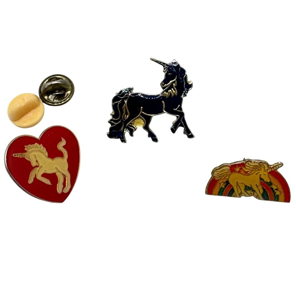 Set Of 3 Vintage Unicorn Enamel Pin Brooch  Gold Tone Heart Rainbow Black Retro